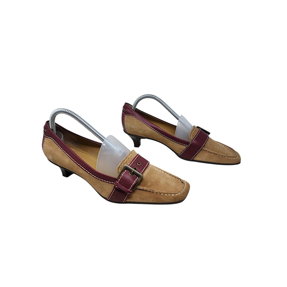 Franco Sarto Kitten Heel Pumps 9M Wom Tan Burgundy Suede Leather Loafers Moc Toe